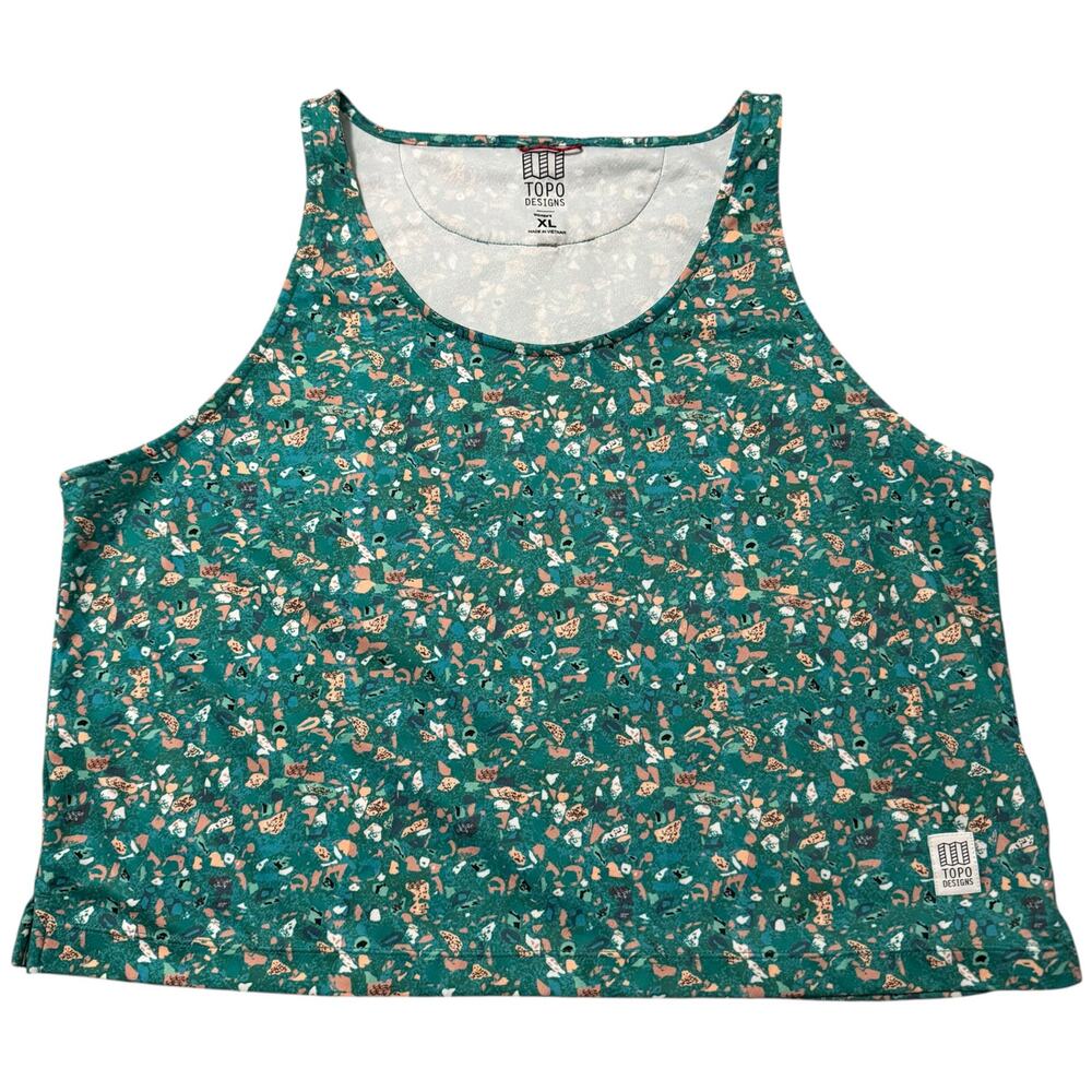 Topo Designs River Tank Turquoise Terrazzo Pattern Green Activewear Top Boxy XL